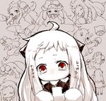  ahoge covered_mouth holding horns kantai_collection looking_at_viewer lying mittens mroj navel northern_ocean_hime on_stomach panties red_eyes shikigami shinkaisei-kan side-tie_panties sketch translation_request underwear white_hair white_skin 