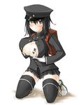  akitsu_maru_(kantai_collection) backpack bag black_eyes black_hair black_legwear blush body_writing breast_lift breasts cleavage_cutout cum cum_on_body cum_on_breasts cum_on_clothes cum_on_upper_body hat highres kaminagi_(kaminagi-tei) kantai_collection kneeling large_breasts looking_at_viewer military military_uniform randoseru remodel_(kantai_collection) short_hair skirt solo tally thighhighs uniform white_background 