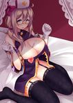  arms_at_sides bad_id bad_pixiv_id bare_shoulders bed bed_sheet between_breasts black_legwear blue_eyes breasts brown_hair canopy_bed cleavage_cutout come_hither detached_sleeves forearms_at_chest garter_straps glasses gloves hat large_breasts long_hair looking_at_viewer luis_almeida_(sengoku_bushouki_muramasa) nurse_cap ponkotsu_(ayarosu) sengoku_bushouki_muramasa sitting smile solo thermometer thighhighs underboob wariza white_gloves 