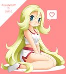  1girl blue_eyes down female gym_leader hair hair_down koruni_(pokemon) long_hair midriff nintendo pokemon pokemon_(anime) pokemon_(game) pokemon_xy shorts shoulders smile solo tank_top tanktop very_long_hair wristband 