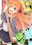  2girls :d bad_id bad_pixiv_id black_legwear bow calligraphy_brush gekkan_shoujo_nozaki-kun hair_bow hair_ribbon holding kashima_yuu long_hair looking_at_viewer multiple_boys multiple_girls neko_sensha nozaki_umetarou open_mouth paintbrush pleated_skirt polka_dot polka_dot_bow ribbon rouman_academy_uniform sakura_chiyo school_uniform seo_yuzuki skirt smile solo_focus tanuki thighhighs zettai_ryouiki 