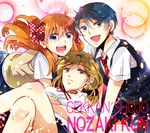  blue_eyes blue_hair bow copyright_name gekkan_shoujo_nozaki-kun gen_(enji) hair_ornament kashima_yuu long_hair multiple_girls necktie open_mouth orange_hair polka_dot polka_dot_bow ribbon sakura_chiyo scrunchie seo_yuzuki short_hair yellow_eyes 