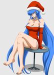  1girl akame_ga_kill! aqua_hair blue_eyes blue_hair boots breasts character_request cleavage erect_nipples esdeath esdese female full_body general general(shogun) large_breasts legs legs_crossed long_hair medium_breasts miniskirt santa santa_costume shogun sitting skirt solo tattoo thighs very_long_hair 