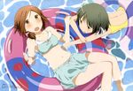  absurdres bikini black_hair blush brown_eyes brown_hair casual_one-piece_swimsuit detexted fujimiya_kaori highres innertube isshuukan_friends legs multiple_girls non-web_source official_art one-piece_swimsuit open_mouth short_hair swimsuit takano_aya third-party_edit water yamagishi_saki 