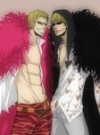  belt blonde_hair brothers corazon donquixote_doflamingo donquixote_pirates donquixote_rocinante feathers hat heart heart_print lipstick mahiro_(chinenkun) makeup multiple_boys one_piece open_clothes open_shirt scar shirt siblings sunglasses 