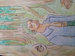  1boy absurdres chipmunk forest green_hair highres male male_focus nature one_piece roronoa_zoro sideways solo traditional_media tree 