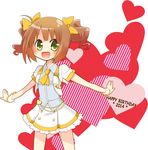  :d asaba_hiromu ascot bow brown_hair frilled_skirt frills green_eyes hair_bow hair_ribbon happy_birthday idolmaster idolmaster_(classic) idolmaster_shiny_festa looking_at_viewer open_mouth outstretched_arms ribbon skirt smile solo spread_arms takatsuki_yayoi twintails 