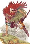  1boy arisue_kanako calgara facial_mark forest grass_skirt long_hair male male_focus nature one_piece polearm red_hair running skypiea solo spear topless weapon 