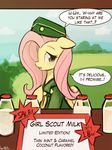  2014 blush english_text equine female fluttershy_(mlp) friendship_is_magic fur girl_scout hair hat long_hair looking_at_viewer lumineko mammal milk my_little_pony outside pegasus pink_hair solo text wings yellow_fur 