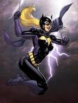  bat_(symbol) batgirl batman_(series) belt blonde_hair blue_eyes bodysuit boots breasts cape cloud dc_comics gauntlets grapple large_breasts leg_lift lightning lipstick long_hair makeup mask midair rope smile solo stephanie_brown utility_belt 