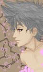  1boy devas grey_hair hatake_kakashi heterochromia male male_focus naruto pixel_art profile red_eyes sakura_tree solo topless 