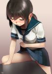  1girl black_hair blue_sailor_collar blue_skirt brown_background crotch_rub eyes_closed fubuki_(kantai_collection) gradient gradient_background kantai_collection low_ponytail panties pleated_skirt ponytail sailor_collar school_uniform serafuku sexually_suggestive shiden_(sashimi_no_wife) short_ponytail sidelocks skirt skirt_lift solo straddling sweat table table_sex underwear white_panties 