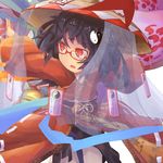  alternate_costume amakoke bad_id bad_pixiv_id bell bespectacled black_hair bow cosplay floral_print glasses hair_ornament hakurei_reimu hat ichimegasa japanese_clothes jingle_bell kimono obi ofuda red_eyes ribbon sash solo sukuna_shinmyoumaru sukuna_shinmyoumaru_(cosplay) touhou veil yin_yang 