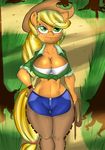  anthro applejack_(mlp) bedroom_eyes big_breasts blonde_hair breasts cleavage clothed clothing dawntrotter equine female freckles friendship_is_magic fur green_eyes hair hat hooves horse long_hair looking_at_viewer mammal my_little_pony navel orange_fur outside pony presenting rope smile solo standing 