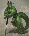  2014 abs anthro arm_support balls beefcake belt biceps big_balls big_muscles big_penis claws clothing darkgem digitigrade dragon erection fangs green_dragon horn humanoid_penis leaning leaning_forward loincloth looking_at_viewer male muscles pecs penis quads red_eyes scalie slit_pupils smile solo straps sword thick_tail tribal varanis_blackclaw vein weapon 