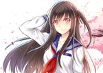  absurdres allenes artist_name bangs brown_hair cherry_blossoms dated eyebrows_visible_through_hair hair_ornament hand_behind_head highres long_hair long_sleeves looking_at_viewer neckerchief one_side_up original red_eyes red_neckwear school_uniform serafuku shirt signature simple_background solo upper_body very_long_hair white_shirt 
