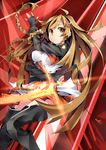  ahoge bad_id bad_pixiv_id brown_eyes brown_hair culture_japan fingerless_gloves gloves hair_ornament holding long_hair looking_at_viewer pleated_skirt skirt solo suenaga_mirai sword touwa_nikuman weapon 