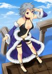  breasts choker cleavage column detached_sleeves fur-trimmed_sleeves fur-trimmed_waist_cape fur_trim highres kurohachiboku large_breasts leaning_forward looking_at_viewer pillar purple_eyes ragnarok_online salute short_hair short_shorts shorts silver_hair smile solo spiked_anklet stalker waist_cape water 