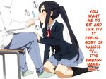  1girl black_hair black_legwear blazer blush brown_eyes finger_licking footwear hard_translated k-on! karada_asobi karadaplay kneehighs kneeling licking long_hair nakano_azusa open_mouth saliva school_uniform sexually_suggestive sitting skirt socks solo_focus tongue translated twintails 