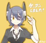  :&gt; black_hair collared_shirt eyepatch headgear jewelry kantai_collection necktie purple_hair ring shirt short_hair sleeves_rolled_up smile solo souji sparkle tenryuu_(kantai_collection) translated twitter_username v-shaped_eyebrows yellow_eyes 