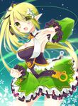  :d armpits blonde_hair breasts cleavage clenched_hand detached_sleeves elsword frills green_eyes green_sleeves hair_ornament hair_ribbon highres hoshi_(snacherubi) large_breasts long_hair looking_at_viewer open_mouth rena_(elsword) ribbon side_ponytail smile solo wind_sneaker_(elsword) 