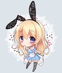  :o animal_ears apron ayase_hazuki bangs black_legwear blonde_hair blue_dress blush bow breasts bunny_ears card chestnut_mouth chibi club_(shape) criss-cross_halter dress fake_animal_ears frilled_apron frills full_body grey_background hairband halterneck hand_to_own_mouth heart lace lace_background long_hair looking_at_viewer open_mouth original outstretched_arm playing_card purple_eyes short_dress short_sleeves small_breasts solo spade_(shape) standing striped striped_legwear thighhighs very_long_hair white_legwear zettai_ryouiki 