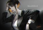  1girl black_hair black_jacket blonde_hair brown_eyes chromatic_aberration commentary_request earrings eyebrows_visible_through_hair grey_background hand_in_hair jacket jewelry klasse14 kyouya_(mukuro238) lipstick makeup mouth_hold multicolored_hair open_clothes open_jacket red_lipstick shirt short_hair sidelocks signature solo spot_color two-tone_hair unbuttoned unbuttoned_shirt watch white_shirt wing_collar wristwatch 