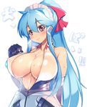  areola_slip areolae arm_up blue_hair blush breasts center_opening cleavage commentary_request covered_nipples duplicate elbow_gloves gloves heavy_breathing huge_breasts long_hair maid_headdress mel/a melmaid no_bra original ponytail red_eyes scrunchie smile solo sweat very_long_hair 