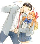  1girl bad_id bad_pixiv_id bingo_(habanera) black_hair blush bow cowboy_shot gekkan_shoujo_nozaki-kun hair_bow height_difference long_hair nozaki_umetarou orange_hair polka_dot polka_dot_bow rouman_academy_uniform sakura_chiyo school_uniform 