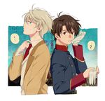  aldnoah.zero ar_(rikuesuto) blonde_hair brown_eyes brown_hair cosplay costume_switch gloves green_eyes kaizuka_inaho kaizuka_inaho_(cosplay) military military_uniform multiple_boys necktie school_uniform short_hair silver_hair slaine_troyard slaine_troyard_(cosplay) uniform 