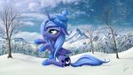  2014 blue_eyes blue_fur blue_hair cutie_mark equine female friendship_is_magic fur hair hi_res horn mammal mountain my_little_pony outside princess_luna_(mlp) scarf snow solo tongue tongue_out tree winged_unicorn wings zig-word 