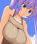  blue_eyes breasts from_below large_breasts long_hair looking_at_viewer momo_(fruits_box) original parted_lips purple_hair ribbed_sweater solo sweater twintails 