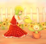  2014 ^_^ ambiguous_gender clothed clothing cute duo eyes_closed female fence flora_fauna flower flower_pot green_hair hair happy holding human joltik_(artist) mammal nintendo open_mouth pok&eacute;mon red_eyes smile sunflora sunflower touhou video_games water watering_can yuka_kazami 