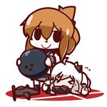  &gt;_&lt; ahoge aircraft airplane ball black_eyes bowling_ball brown_hair chibi closed_eyes crying doubutsu_no_mori folded_ponytail highres holding holding_ball horns inazuma_(kantai_collection) kantai_collection leg_grab long_hair lying mittens multiple_girls northern_ocean_hime nuu_(nu-nyu) on_stomach open_mouth pale_skin parody plasma-chan_(kantai_collection) school_uniform serafuku shinkaisei-kan style_parody super_smash_bros. tears villager_(doubutsu_no_mori) white_hair 