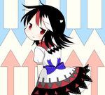  black_hair blush bow directional_arrow dress from_behind horns kijin_seija looking_at_viewer looking_back multicolored_hair pointing red_eyes red_hair ribbon sash short_hair short_sleeves skirt solo streaked_hair touhou white_hair yasakana_tooi 