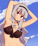  armpits arms_up bikini_top breasts cleavage hairband idolmaster idolmaster_(classic) large_breasts long_hair momo_(fruits_box) red_eyes shijou_takane silver_hair smile solo 