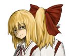  back-to-back bad_id bad_pixiv_id blonde_hair dual_persona hair_ribbon kalutthe looking_at_viewer multiple_girls ponytail ribbon satsuki_rin simple_background smile touhou upper_body white_background yellow_eyes 