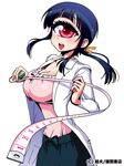  black_hair breasts cleavage cyclops hitomi_sensei_no_hokenshitsu labcoat large_breasts long_hair long_sleeves manaka_hitomi official_art one-eyed open_mouth red_eyes school_nurse shake-o sidelocks simple_background smile solo tape_measure white_background 