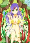  anklet barefoot blush breasts circlet cleavage dirt feet flower gaia_(p&amp;d) goddess green_eyes hair_ornament jewelry kurobane_(fukurou15) large_breasts long_hair looking_at_viewer purple_hair puzzle_&amp;_dragons sitting skirt smile soles solo white_skirt 