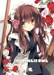  :d animal_ears apron brown_hair cat_ears cover cover_page doujin_cover flower green_eyes hair_ornament japanese_clothes lolita_fashion long_hair looking_at_viewer maid_apron maid_headdress mizuki_(hmndk) open_mouth original rose smile solo wa_lolita wa_maid 