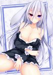  :o animal_ears areola_slip areolae bare_shoulders black_dress blush breasts bunny_ears cleavage collarbone covering covering_crotch dress grey_hair heterochromia large_breasts looking_at_viewer no_bra no_panties off_shoulder original parted_lips partially_visible_vulva pink_eyes purple_eyes solo strapless strapless_dress suterii 