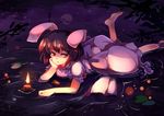  animal_ears barefoot black_hair bunny_ears candle carrot_necklace dress in_water inaba_tewi jewelry looking_at_viewer lying on_stomach pendant pink_dress red_eyes short_hair sketch solo touhou yetworldview_kaze 