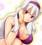  bikini_top bracelet breasts cleavage hairband idolmaster idolmaster_(classic) jewelry large_breasts long_hair looking_at_viewer momo_(fruits_box) purple_hairband red_eyes shijou_takane silver_hair solo 