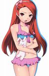  brown_hair hair_ribbon hairband idolmaster idolmaster_(classic) long_hair looking_at_viewer midriff minase_iori momo_(fruits_box) navel open_mouth red_eyes ribbon solo stuffed_animal stuffed_bunny stuffed_toy swimsuit 