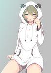  1girl animal_hood blue_eyes blush brown_hair green_eyes grey_background heterochromia hood hoodie idolmaster idolmaster_cinderella_girls johnny_funamushi mole parka short_hair shorts simple_background sitting smile solo takagaki_kaede 