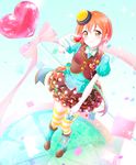  aqua_shirt brown_hair candy food food_themed_hair_ornament frilled_skirt frills from_above fruit gloves hair_ornament hat highres holding hoshizora_rin idol lollipop looking_at_viewer love_live! love_live!_school_idol_project pipette1223 polka_dot polka_dot_skirt puffy_short_sleeves puffy_sleeves shirt short_hair short_sleeves skirt smile solo strawberry striped striped_legwear thighhighs white_gloves yellow_eyes 