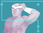  1boy bald blue_background circlet cyborg cyborg_(dc) dark_skin dc_comics disguise hand_on_head lowres male male_focus muscle pinku solid_eyes solo teen_titans topless vambraces victor_stone 