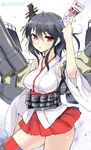  black_hair detached_sleeves hair_ornament highres holding kantai_collection looking_at_viewer machinery naitou_ryuu nontraditional_miko ofuda pleated_skirt red_eyes sketch skirt solo turret twitter_username yamashiro_(kantai_collection) 