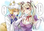  ;d alternate_hairstyle blonde_hair breasts cleavage dress elbow_gloves fox_tail frilled_dress frills gloves hands_in_opposite_sleeves hat large_breasts long_hair mimoto_(aszxdfcv) multiple_girls multiple_tails one_eye_closed open_mouth puffy_short_sleeves puffy_sleeves purple_eyes short_hair short_sleeves smile sparkle tail touhou translated twintails white_gloves wide_sleeves yakumo_ran yakumo_yukari yellow_eyes 