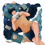  1boy animal_pillow black_hair book cup from_above highres itou_shizu knee_up lying male_focus mug night night_sky notebook on_back open_book original pencil phone reading shorts sky solo space spoon tray turtle water waves 